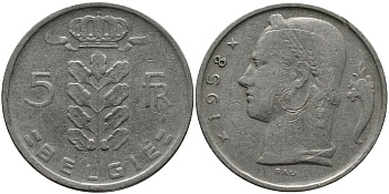 Бельгия 1 франк 1958 Belgie, Бодуэн I (1951-1993) KM 143.1 медно-никель 98-535