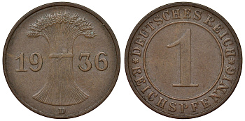 Германия 1 рейхспфенниг 1936 D KM 37, J. 313 бронза 4124-133