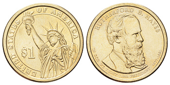 США 1 доллар 2011 Президент США - Ратерфорд Хейз (1877-1881) KM 501 медь с марганцево-латунным покрытием UNC 4699-924