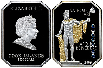 Острова Кука 5 долларов 2009 Художественные сокровища Ватикана - Аполлон Бельведерский кристалл позолота серебро PROOF 1065-1-42