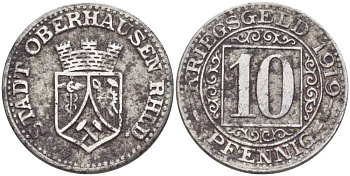 ОБЕРХАУЗЕН 10 ПФЕННИГОВ 1919 НОТГЕЛЬД, ДИАМЕТР 21 ММ., ЗЕМЛЯ СЕВЕРНЫЙ РЕЙН-ВЕСТФАЛИЯ железо 201-856