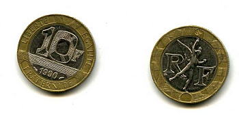 Франция 10 франков 1990 тип Гений Бастилии KM 964.1, Le Frank 375.5 биметалл 37-155