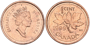 Канада 1 цент 1999 Елизавета II, кленовый лист KM 289 сталь плакированная медью    4147-329