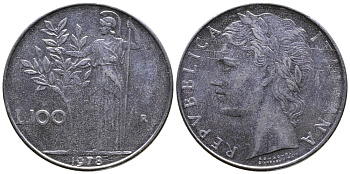 ИТАЛИЯ 100 ЛИР 1978 R, АФИНА KM 96.1 нержавеющая сталь 3334-744