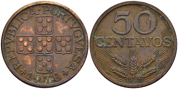 Португалия 50 сентаво 1970  KM 596 бронза    4153-125