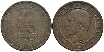 ФРАНЦИЯ 10 САНТИМОВ 1856 А, НАПОЛЕОН III (1852-1870) KM 771.1, LA FRANC 133.32 бронза 32-922