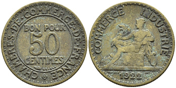 Франция 50 сантимов 1922 тип Chambre de Commerce KM 884, Le Franc 191.5 алюминиевая бронза 4110-1754
