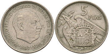 Испания 5 песет 1957 (65) Франсиско Франко (1939 - 1975) KM 786 медно-никель 4155-544