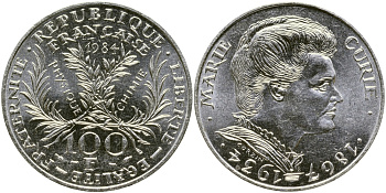 Франция 100 франков 1984 50 лет со дня смерти Марии Кюри KM 955 серебро UNC 4127-512