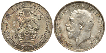 Великобритания 1 шиллинг 1917 Георг V (1910-1936) KM 816, Spink 4013 серебро aUNC 1074-8-65
