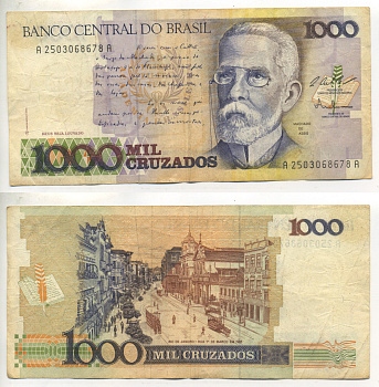 БРАЗИЛИЯ 1000 КРУЗАДО 1987 ПОДПИСЬ 25 Pick 213a бумага 445-29-1