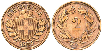 Швейцария 2 раппена 1909 B KM 4 бронза 4380-1042