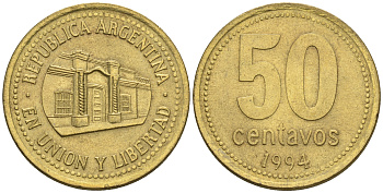 Аргентина 50 сентаво 1994 здание конгресса Тукумана, узкие буквы KM 111.1 алюминиевая бронза 87-341