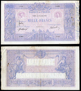Франция 1000 франков 1914 16 июля 1914, подпись Frachon, J. Laferriere and E. Picard Pick 67g бумага 451-26-1