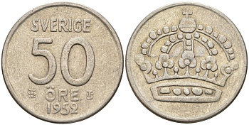 Швеция 50 эре 1952 TS, Густав VI Адольф (1950-1973) KM 825 серебро 4148-917
