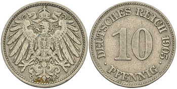 Германия 10 пфеннигов 1905 E KM 12, J. 13 медно-никель 34-412