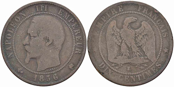 Франция 10 сантимов 1856 K, Наполеон III (1852-1870) KM 771.5, Le Franc 133.36 бронза    4680-624