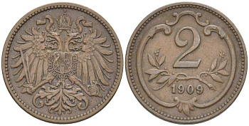 АВСТРИЯ 2 ГЕЛЛЕРА 1909 ФРАНЦ ИОСИФ (1846-1918) KM 2801 бронза 201-914