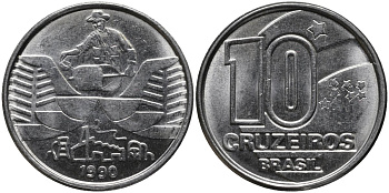 Бразилия 10 крузейро 1990 золотодобыча KM 619.1 нержавеющая сталь 4579-745
