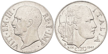 ИТАЛИЯ 20 ЧЕНТЕЗИМО 1941 R, ГОД XIX, ВИКТОР ЭММАНУИЛ III (1900-1946) KM 75b, VEM3. 1028 нержавеющая сталь 3853-631