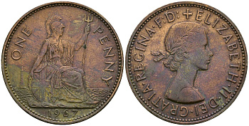 Великобритания 1 пенни 1967 Елизавета II (1952-2022) KM 897, Spink 4157 бронза 4165-1046