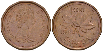КАНАДА 1 ЦЕНТ 1984 КЛЕНОВЫЙ ЛИСТ, ЕЛИЗАВЕТА II KM 132 бронза 57-1125