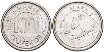 Бразилия 1000 крузейро 1993 реформа 1990-1993, рыбка Акара KM 626 нержавеющая сталь 26-818