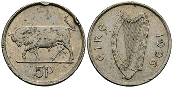 Ирландия 5 пенсов 1996 бык KM 28 медно-никель 4136-924