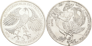 ФРГ 5 марок 1976 D, 300 лет со дня смерти Ганса Якоба Кристоффеля фон Гриммельсгаузена (1622-1676) KM 144, J. 419 серебро UNC 4557-245