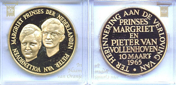 НИДЕРЛАНДЫ МЕДАЛЬ ND 10 МАРТА 1965 ГОДА СВАДЬБА ПРИНЦЕССЫ МАРГАРЕТ И ПИТЕРА ВОЛЛЕНХОФЕРА бронза, позолота PROOF 5-3-1-94