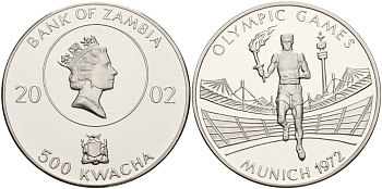 Замбия 500 квача 2002 XX летние Олимпийские Игры, Мюнхен 1972 KM 276 серебро PROOF 1099-3-51
