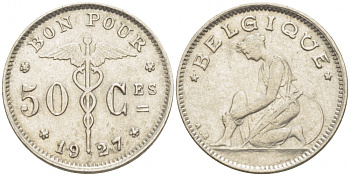БЕЛЬГИЯ 50 САНТИМОВ 1927 BELGIQUE KM 87 никель 3996-1212