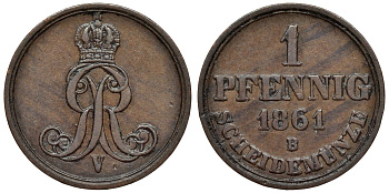 Ганновер 1 пфенниг 1861 B, Георг V KM 233, AKS 156, J. 90 медь 4594-546