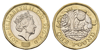 Великобритания 1 фунт 2016 Елизавета II (1952-2022) KM 1378, Spink J39 биметалл 4675-736