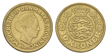 Дания 10 крон 1990 Маргрете II (1972-2024) KM 867 алюминиевая бронза 3459-924