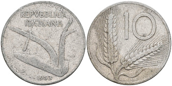 Италия 10 лир 1953 R, плуг, колосья KM 93 алюминий 4575-222