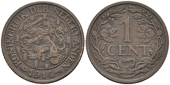 Нидерланды 1 цент 1914 Вильгельмина (1890-1948) KM 152 бронза 4576-712