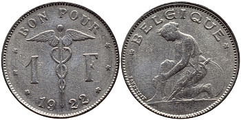 Бельгия 1 франк 1922 Belgique, Альберт I (1910-1934) KM 89 никель 86-1851