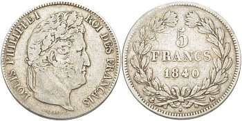 Франция 5 франков 1840 А, Луи Филипп I (1830-1848) KM 749.1 серебро 1515-435