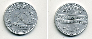 ГЕРМАНИЯ 50 ПФЕННИГОВ 1920 A KM 27, J. 301 алюминий 41-721