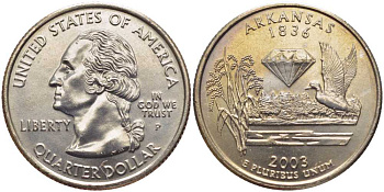 США 25 центов = квотер 2003 P, серия штаты США, штат Арканзас KM 347 медь плакированная медно-никелем UNC M20-9