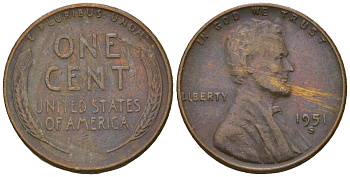 США 1 цент 1951 S (Сан-Франциско), Авраам Линкольн KM A132 латунь 4516-561