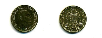 ИСПАНИЯ 1 ПЕСЕТА 1966 (70) ФРАНСИСКО ФРАНКО ДИКТАТОР ИСПАНИИ (1939-1975) КМ 796 алюминиевая бронза 26-765