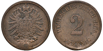 Германия 2 пфеннига 1876 C, старогербовка KM 2, Jager 2, Weege 3 медь 72-916