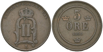 Швеция 5 эре 1899 Оскар II (1872-1907) KM 757 бронза 4171-755