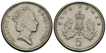 Великобритания 5 пенсов 1991 Елизавета II (1952-2022) KM 937b, Spink 4372 (D4) медно-никель 4172-521