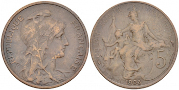 ФРАНЦИЯ 5 САНТИМОВ 1903 ТИП ДАНИЭЛЬ ДЮПЮИ KM 842, LE FRANC 119.13 бронза 77-244