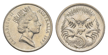 Австралия 5 центов 1997 Елизавета II (1952-2022), ехидна KM 80 медно-никель UNC 4154-167