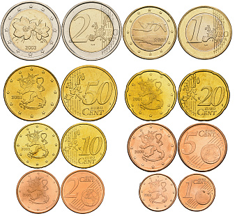 Финляндия евронабор из 8 монет 2000-2003 в капсулах UNC 1-5-2-28