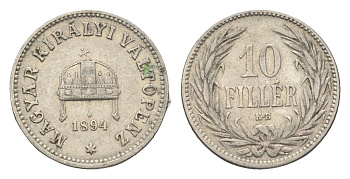 Венгрия 10 филлеров 1894 KB, Франц Иосиф I (1848-1916) KM 482 никель 4665-718